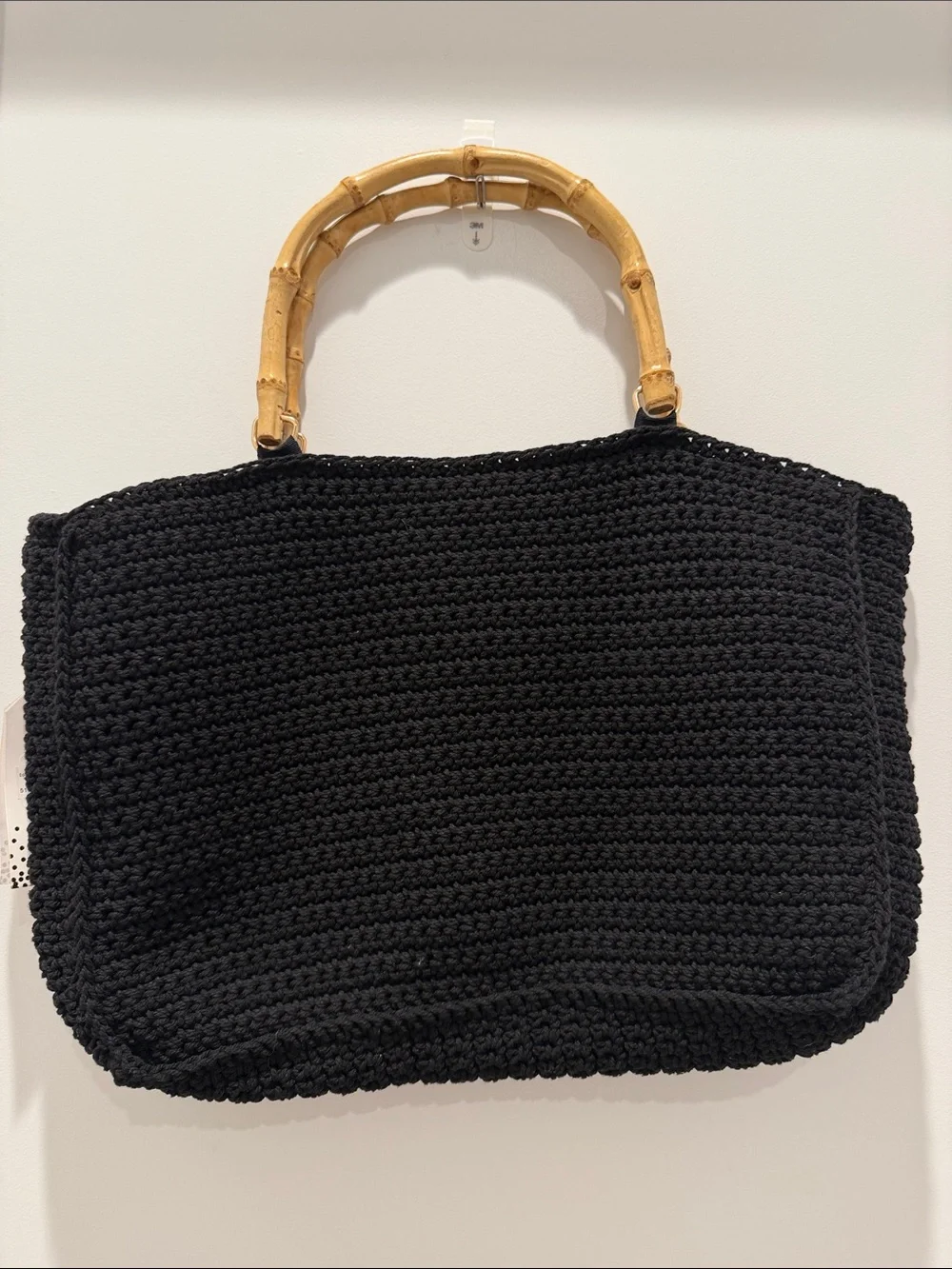 NWT Black Crochet Tote with Colorful Granny Squares and Bamboo Handles